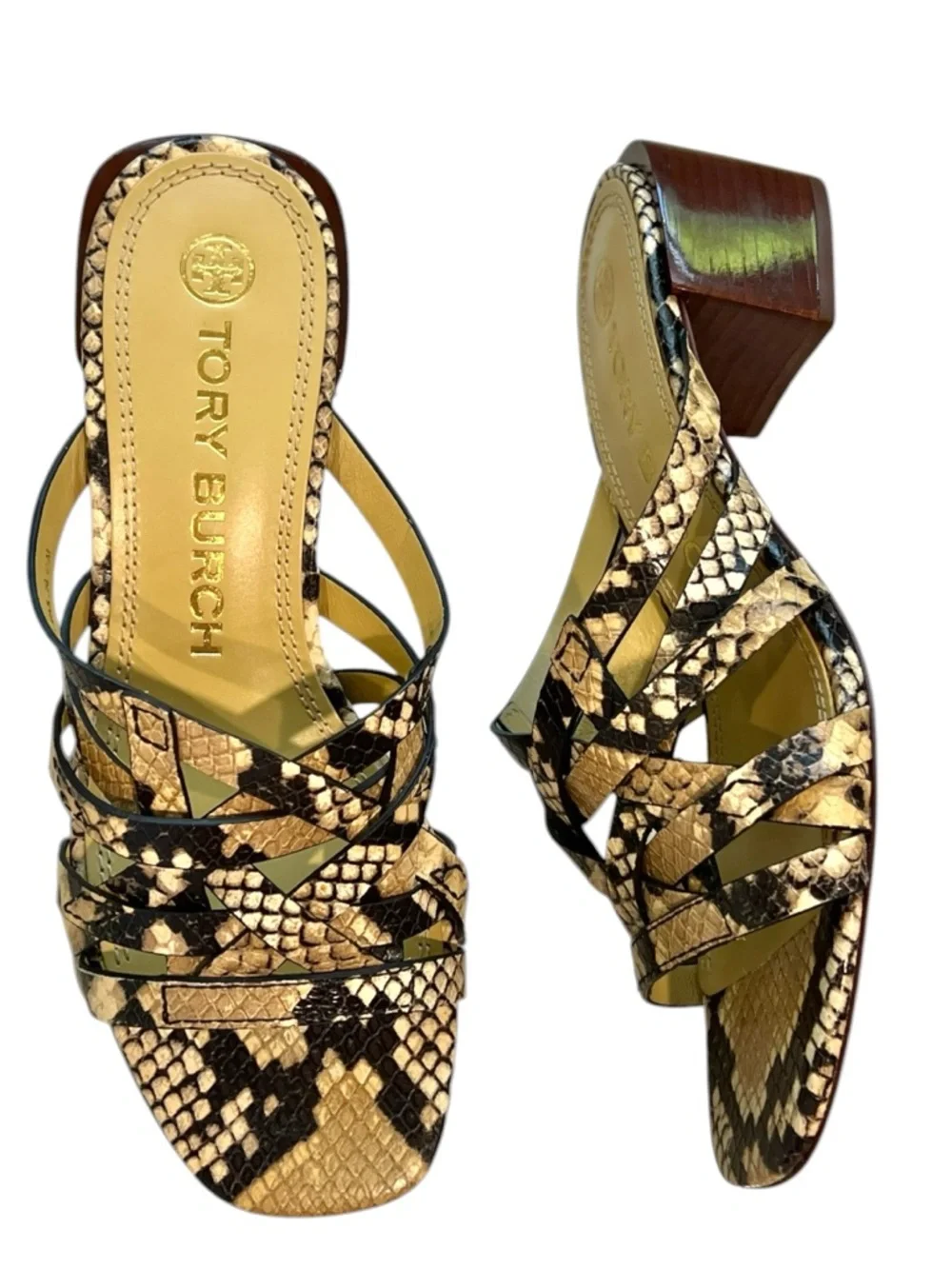 Tory Burch Basketweave Block Heel Snake Print Leather Sandals - NWT NEW
